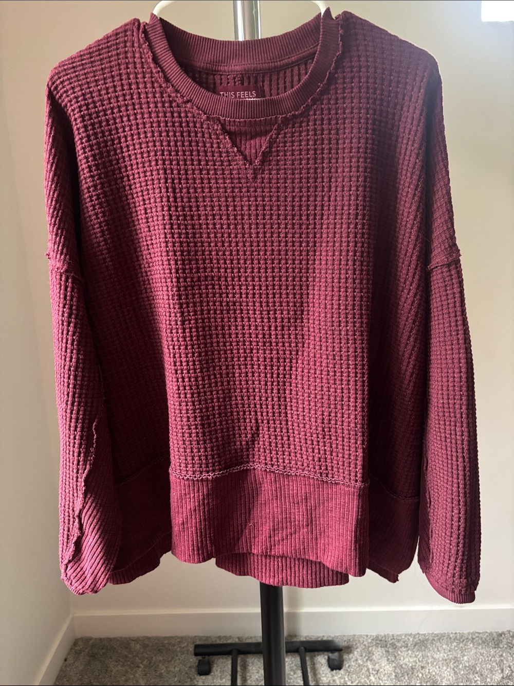 American Eagle Outfitters Waffle-Knit Crew Sweater - Wine
